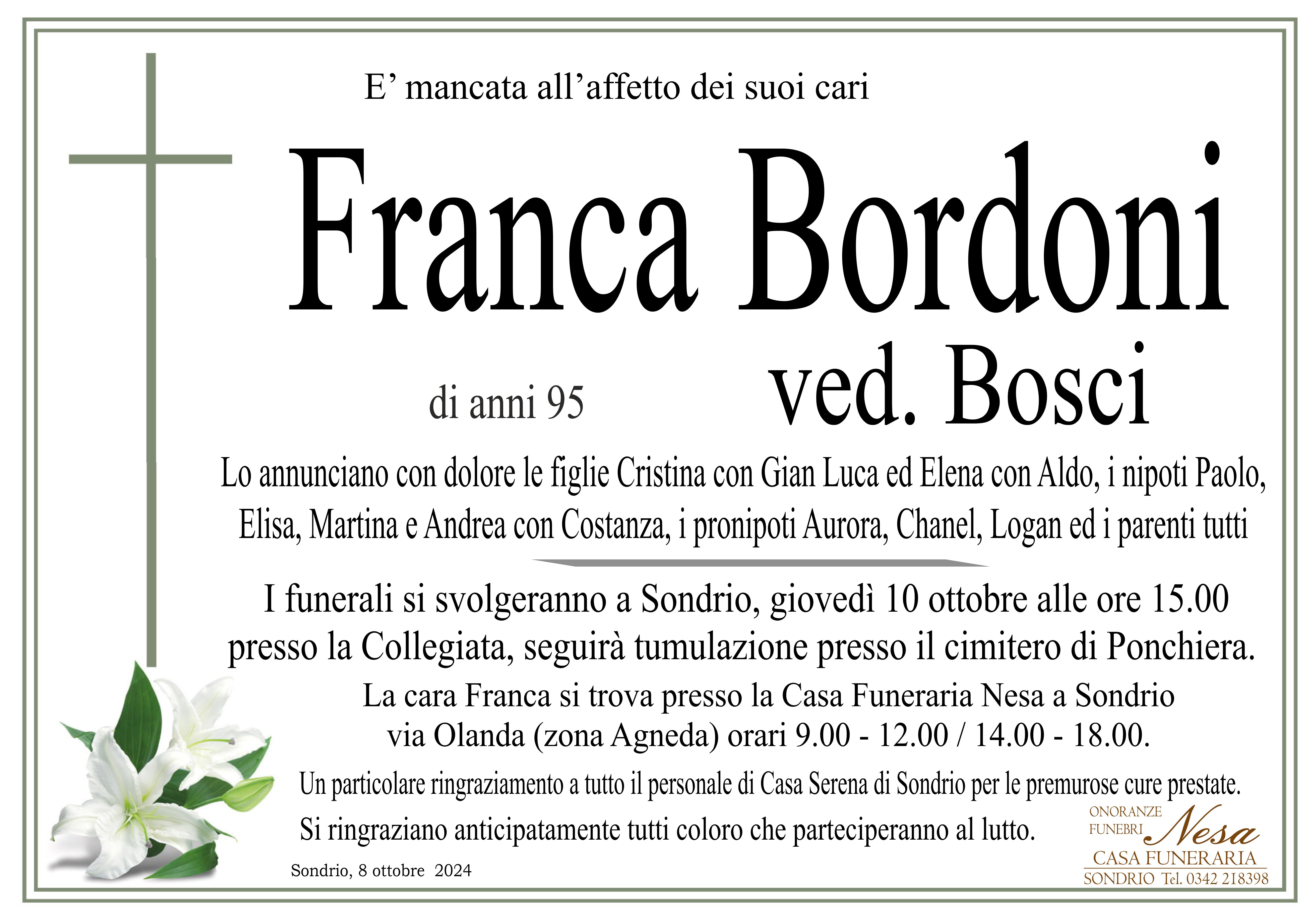 Necrologio FRANCA BORDONI